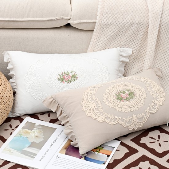 French lace pillow, all-cotton white ins square lumbar pillow, American sofa bedroom backrest cushion